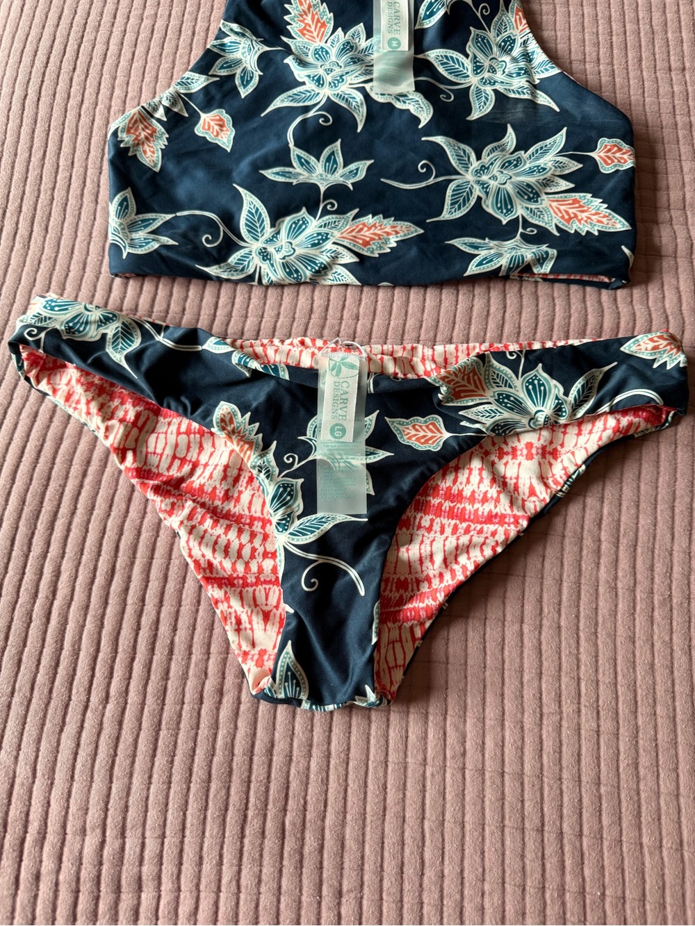Carve Designs Navy Bikini Bottoms with Coral & Aqua Floral Accents